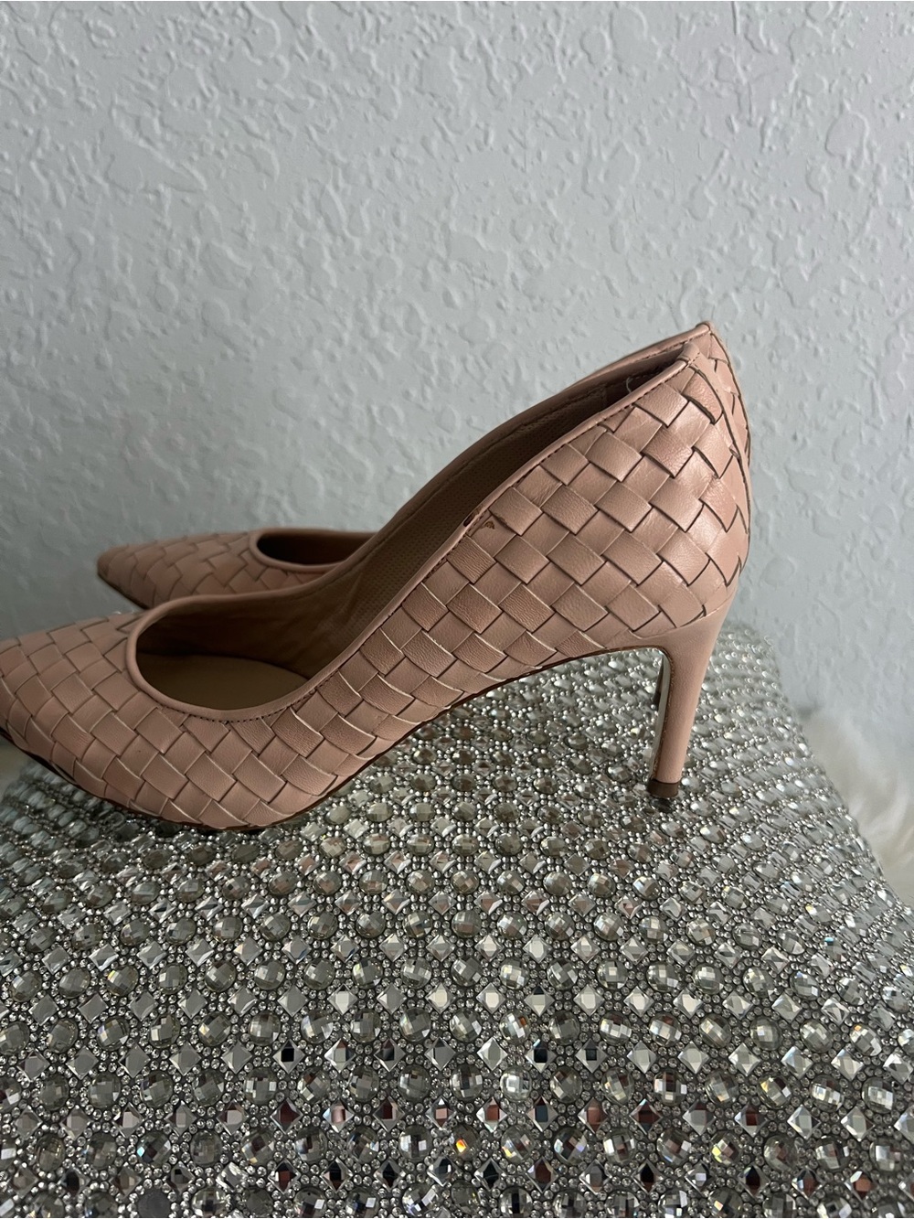 Ron White Woven Pointed High Heels in Blush Pink